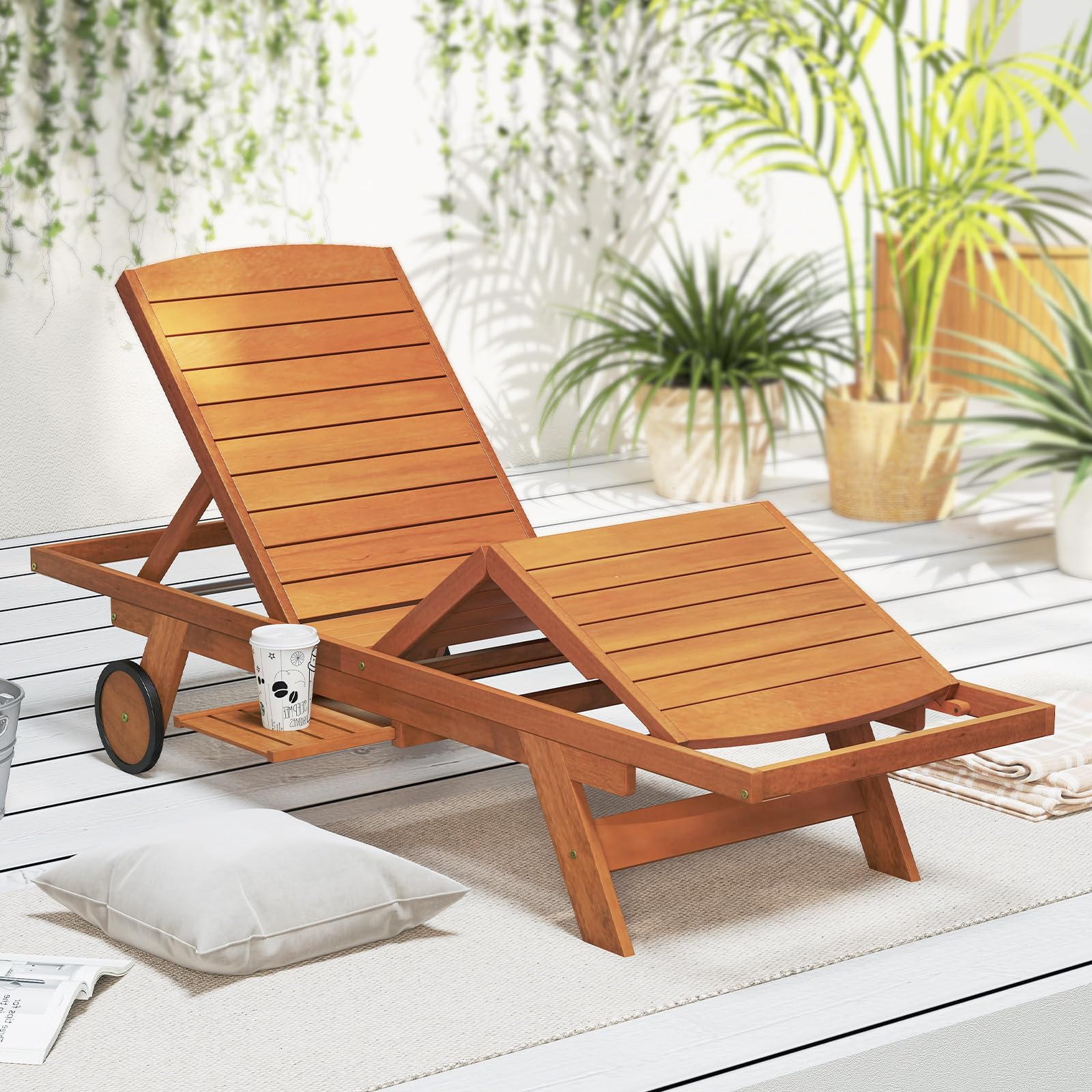 Tangkula Outdoor Chaise Lounge Chair with Wheels 4-Position Patio Wood Recliner with Adjustable Backrest