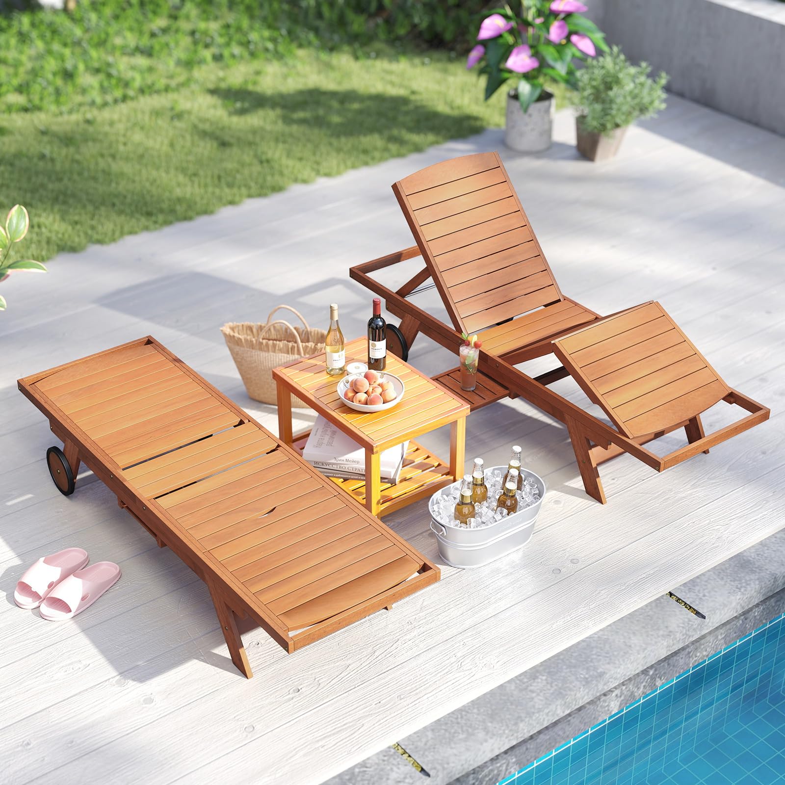 Tangkula Outdoor Chaise Lounge Chair with Wheels 4-Position Patio Wood Recliner with Adjustable Backrest