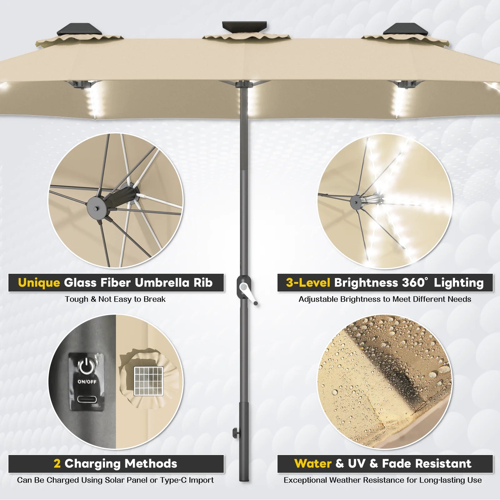 AECOJOY 15ft Patio Double-Sided Umbrella, 156 PCS Solar LED Light Outdoor Large Umbrella, Beige
