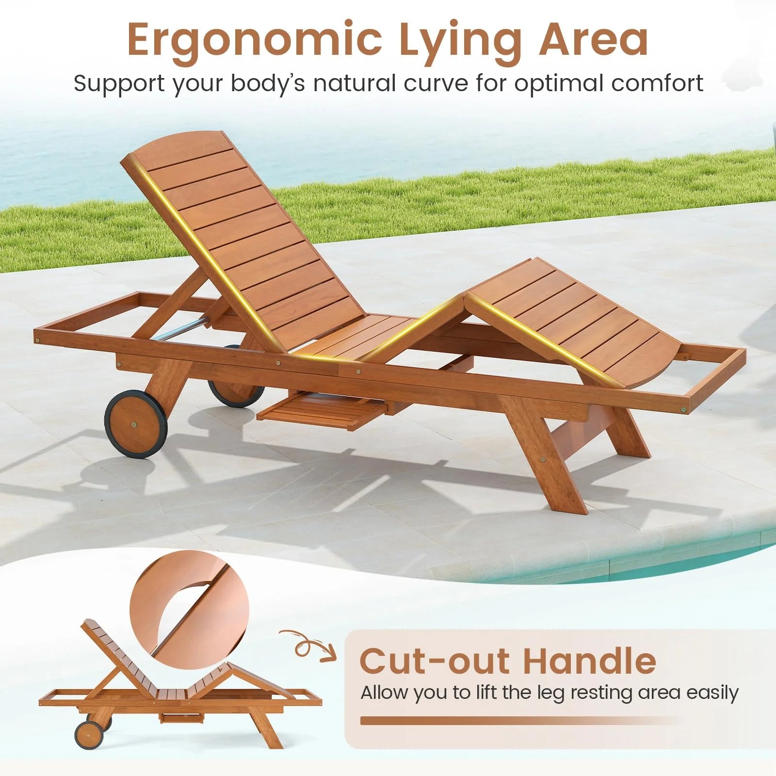 Tangkula Outdoor Chaise Lounge Chair with Wheels 4-Position Patio Wood Recliner with Adjustable Backrest