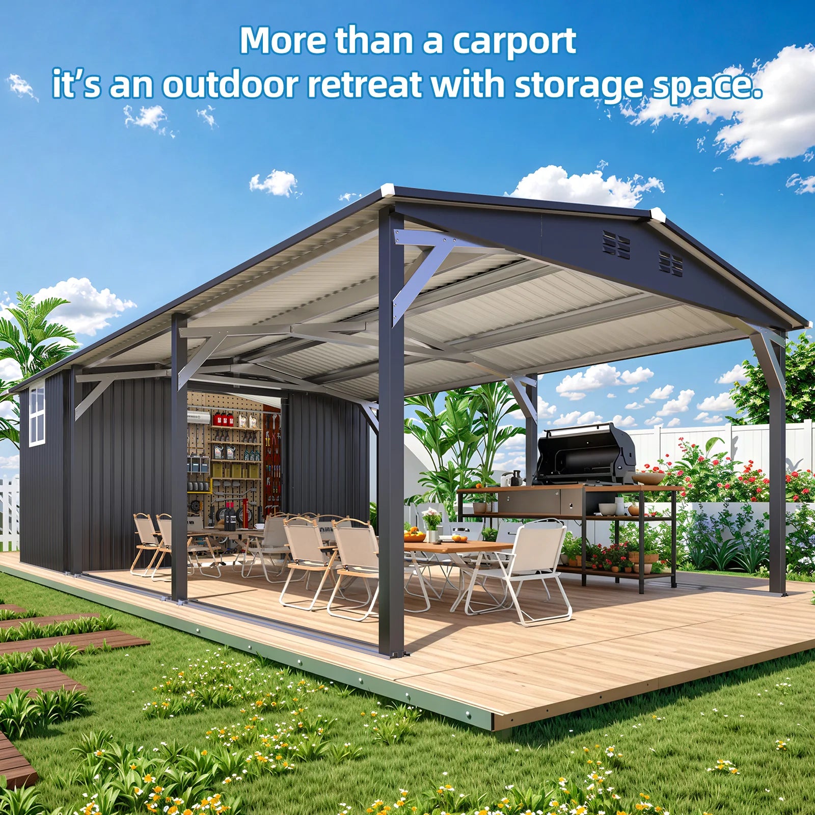 AECOJOY 12x22 Metal Carport with Storage Sheds, Outdoor 12' x 17' Portable Garage Gazebo RV Car Tent with 12' x 6' Storage Sheds