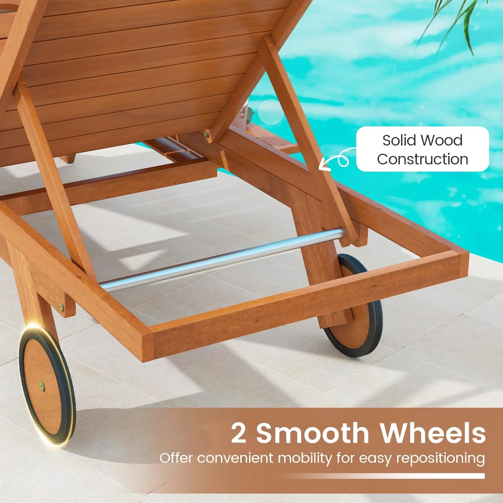 Tangkula Outdoor Chaise Lounge Chair with Wheels 4-Position Patio Wood Recliner with Adjustable Backrest