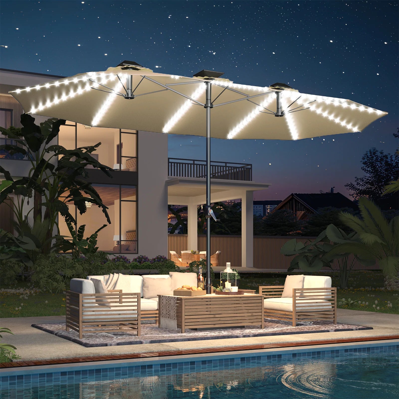 AECOJOY 15ft Patio Double-Sided Umbrella, 156 PCS Solar LED Light Outdoor Large Umbrella, Beige