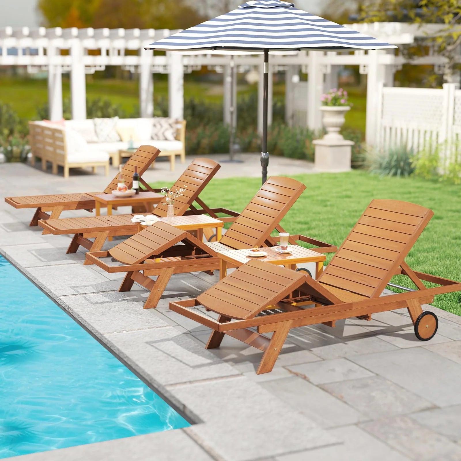 Tangkula Outdoor Chaise Lounge Chair with Wheels 4-Position Patio Wood Recliner with Adjustable Backrest