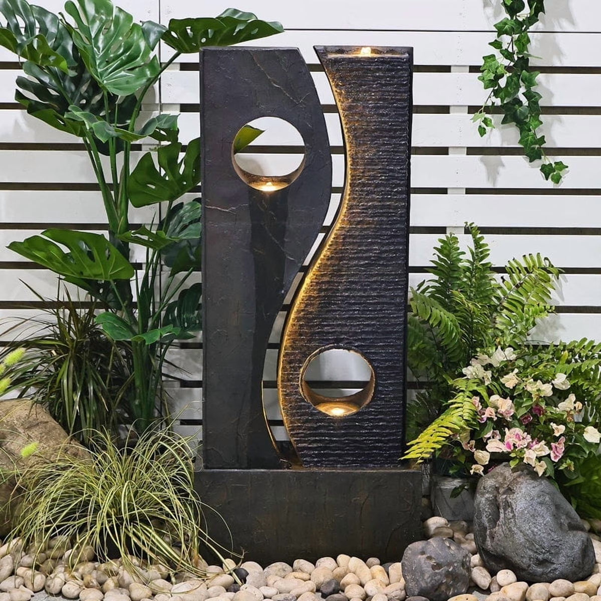 Water Feature Fountain Outdoor Garden Waterfall Faux Rust Finish with LED Lights for Patio Yard Pool Home Decor