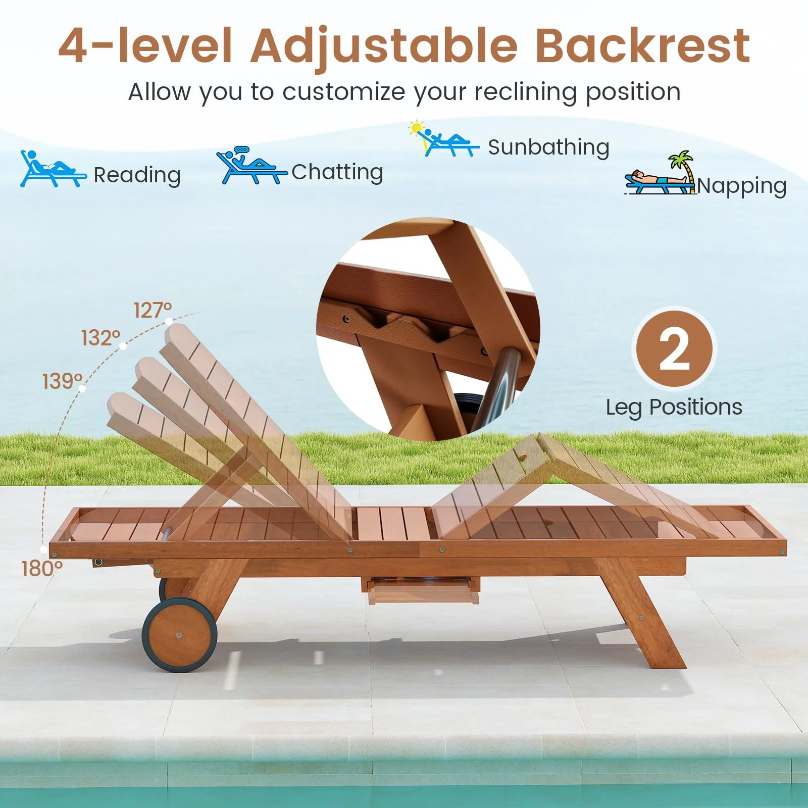 Tangkula Outdoor Chaise Lounge Chair with Wheels 4-Position Patio Wood Recliner with Adjustable Backrest