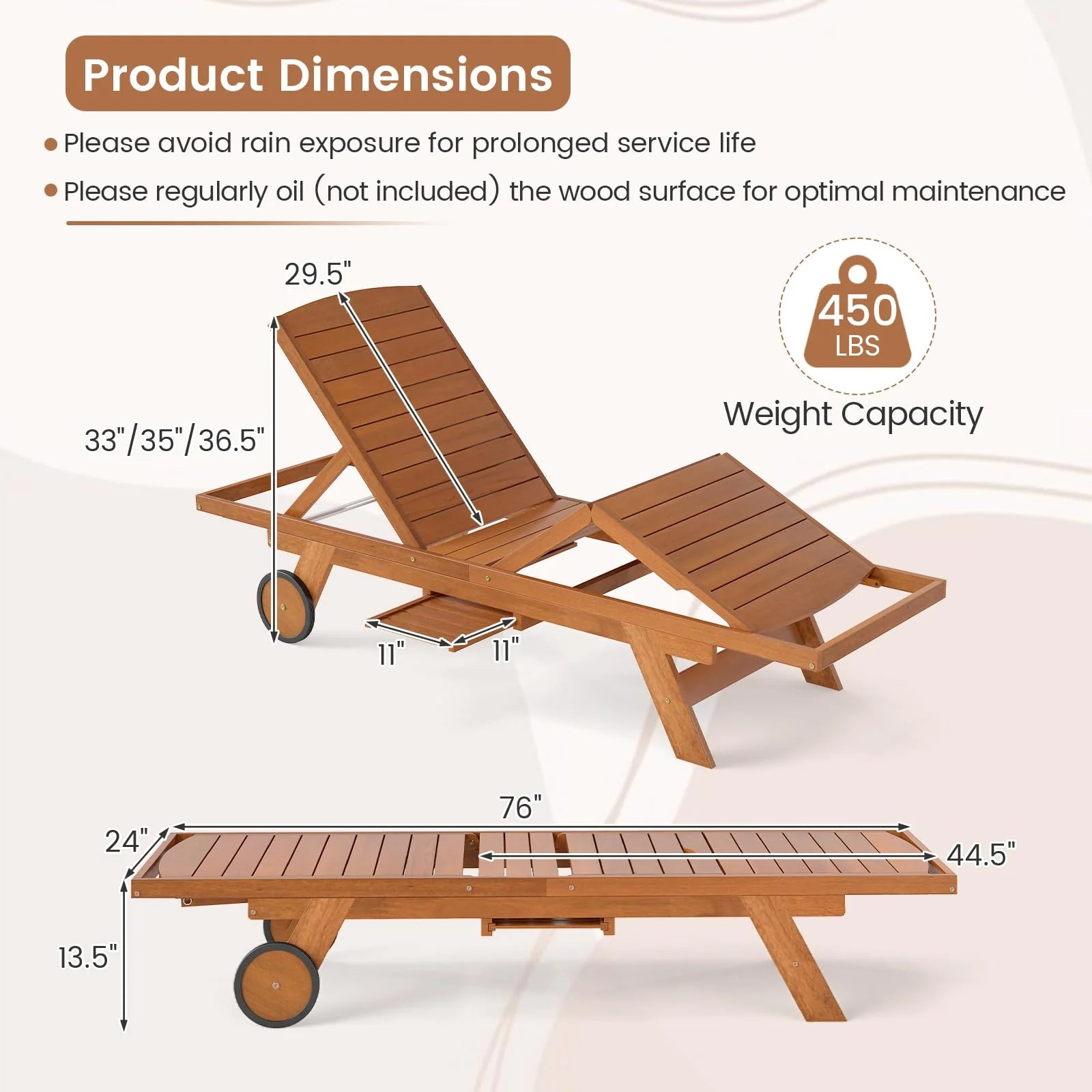 Tangkula Outdoor Chaise Lounge Chair with Wheels 4-Position Patio Wood Recliner with Adjustable Backrest