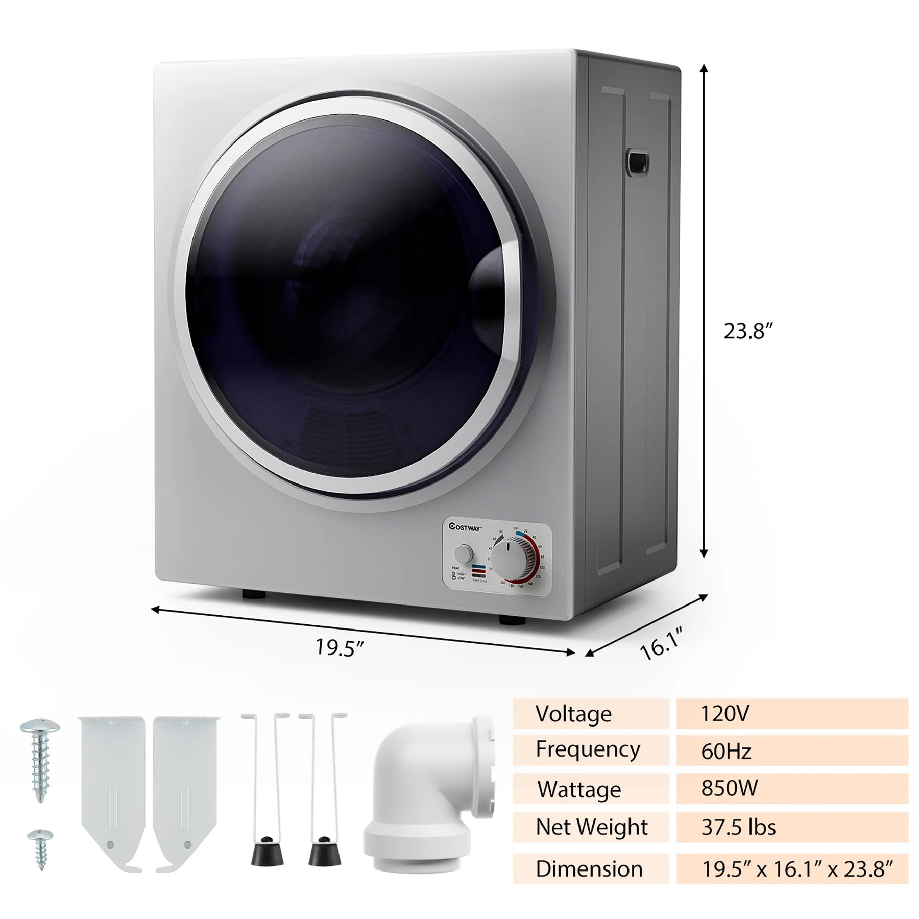 Costway Electric Tumble Compact Laundry Dryer Stainless Steel Wall Mounted 1.5 Cu .ft