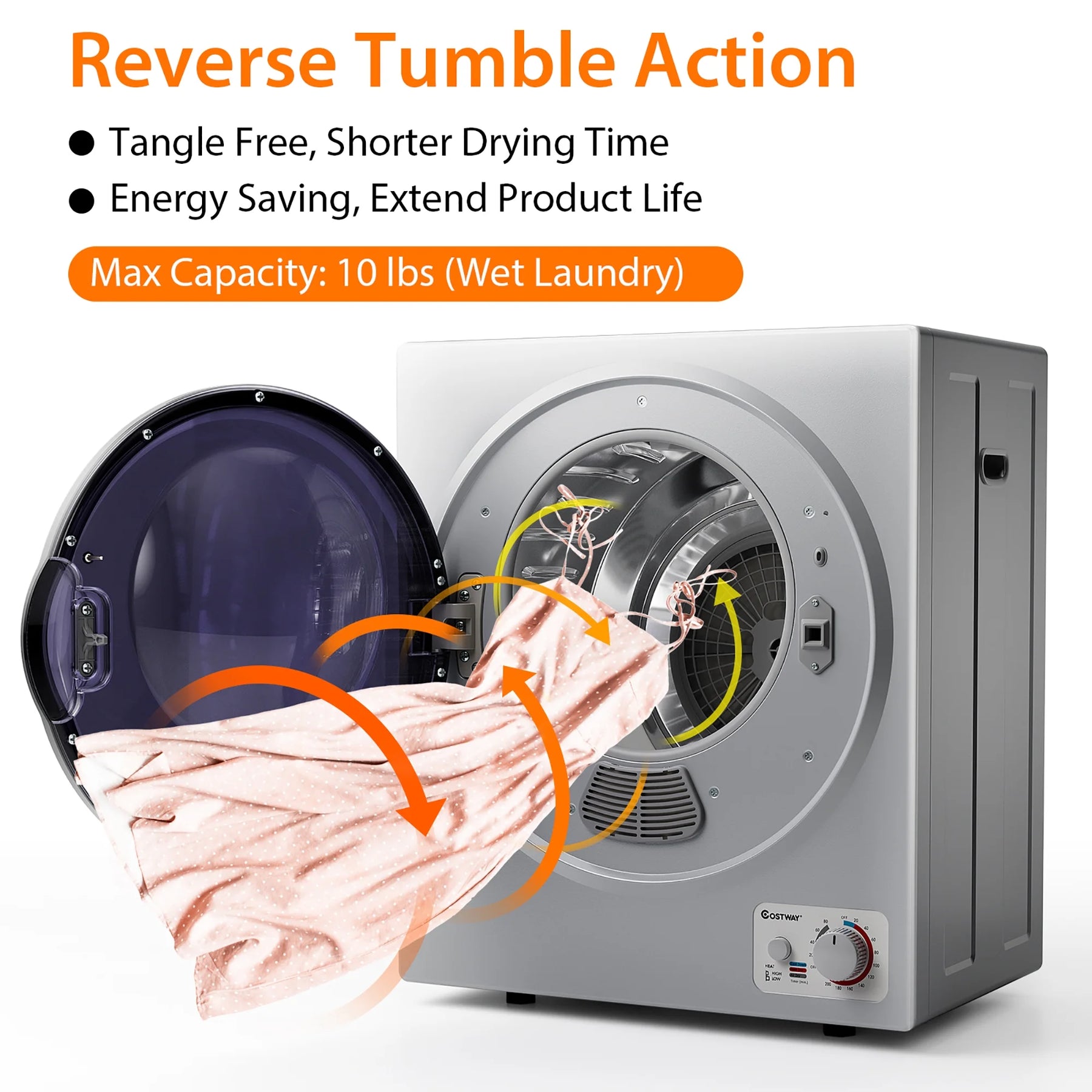 Costway Electric Tumble Compact Laundry Dryer Stainless Steel Wall Mounted 1.5 Cu .ft