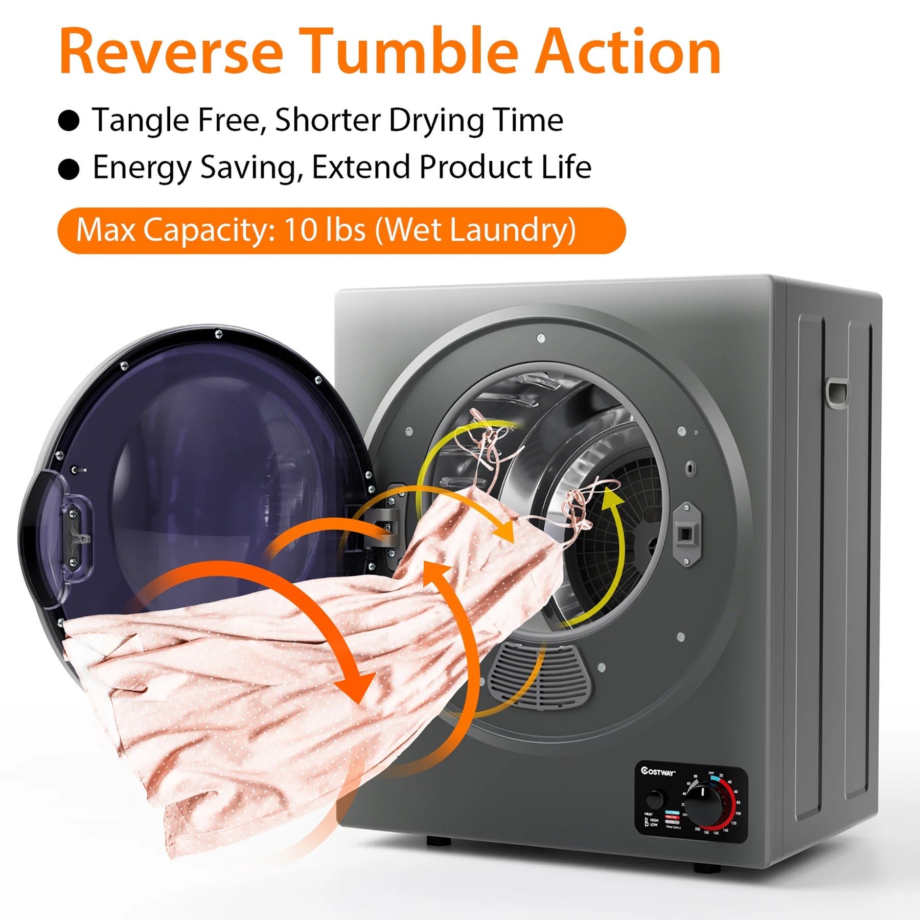 Costway Electric Tumble Compact Laundry Dryer Stainless Steel Wall Mounted 1.5 Cu .ft