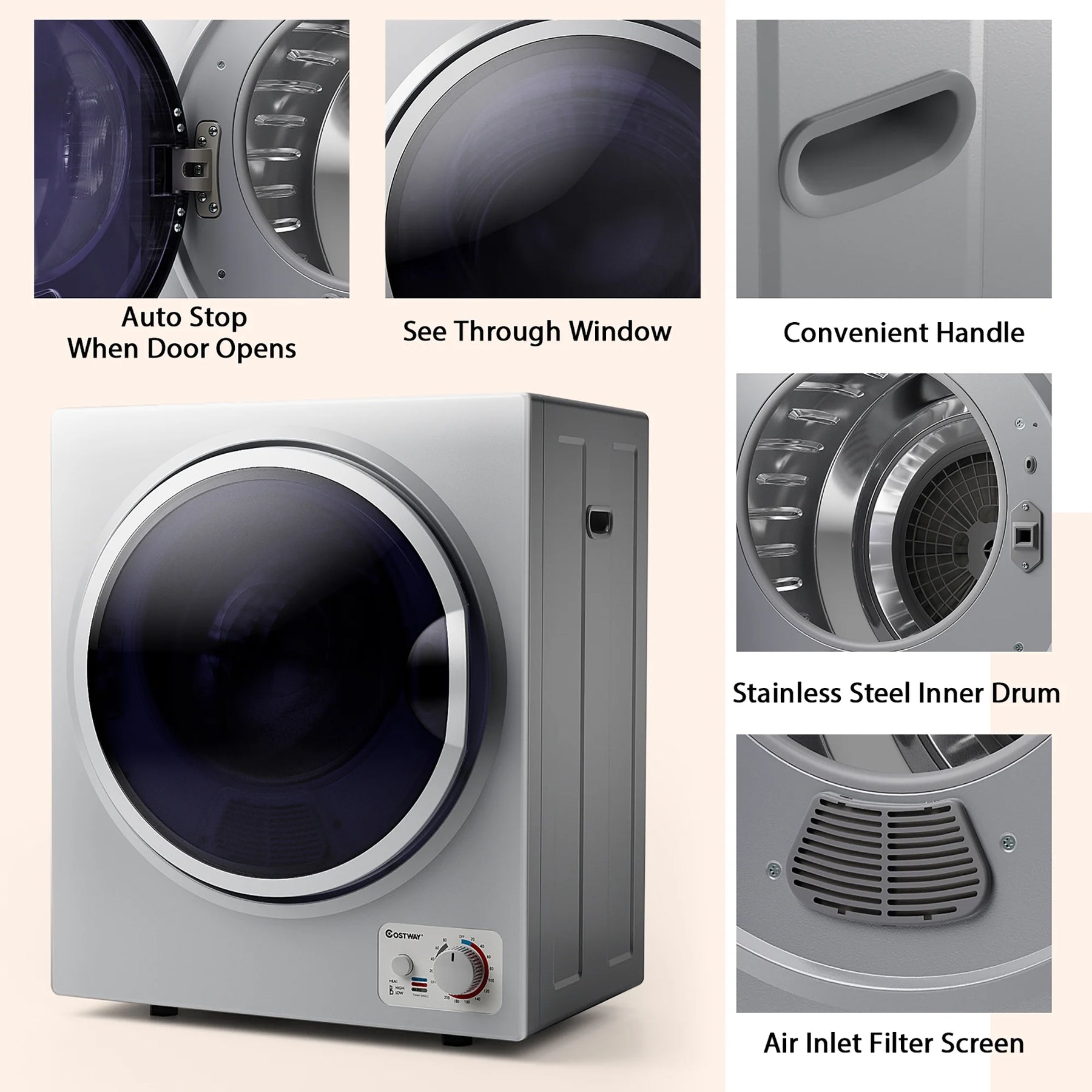 Costway Electric Tumble Compact Laundry Dryer Stainless Steel Wall Mounted 1.5 Cu .ft