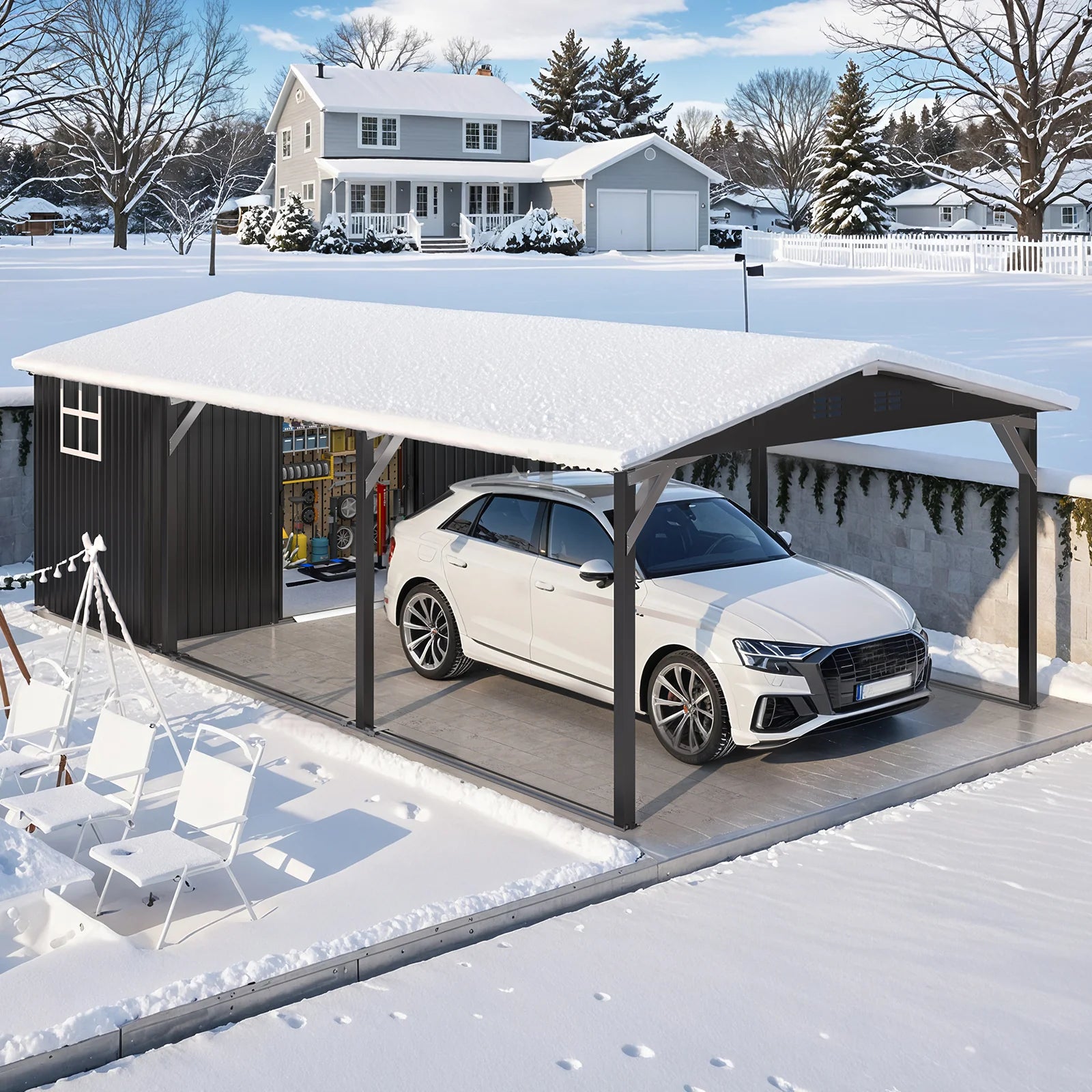 AECOJOY 12x22 Metal Carport with Storage Sheds, Outdoor 12' x 17' Portable Garage Gazebo RV Car Tent with 12' x 6' Storage Sheds