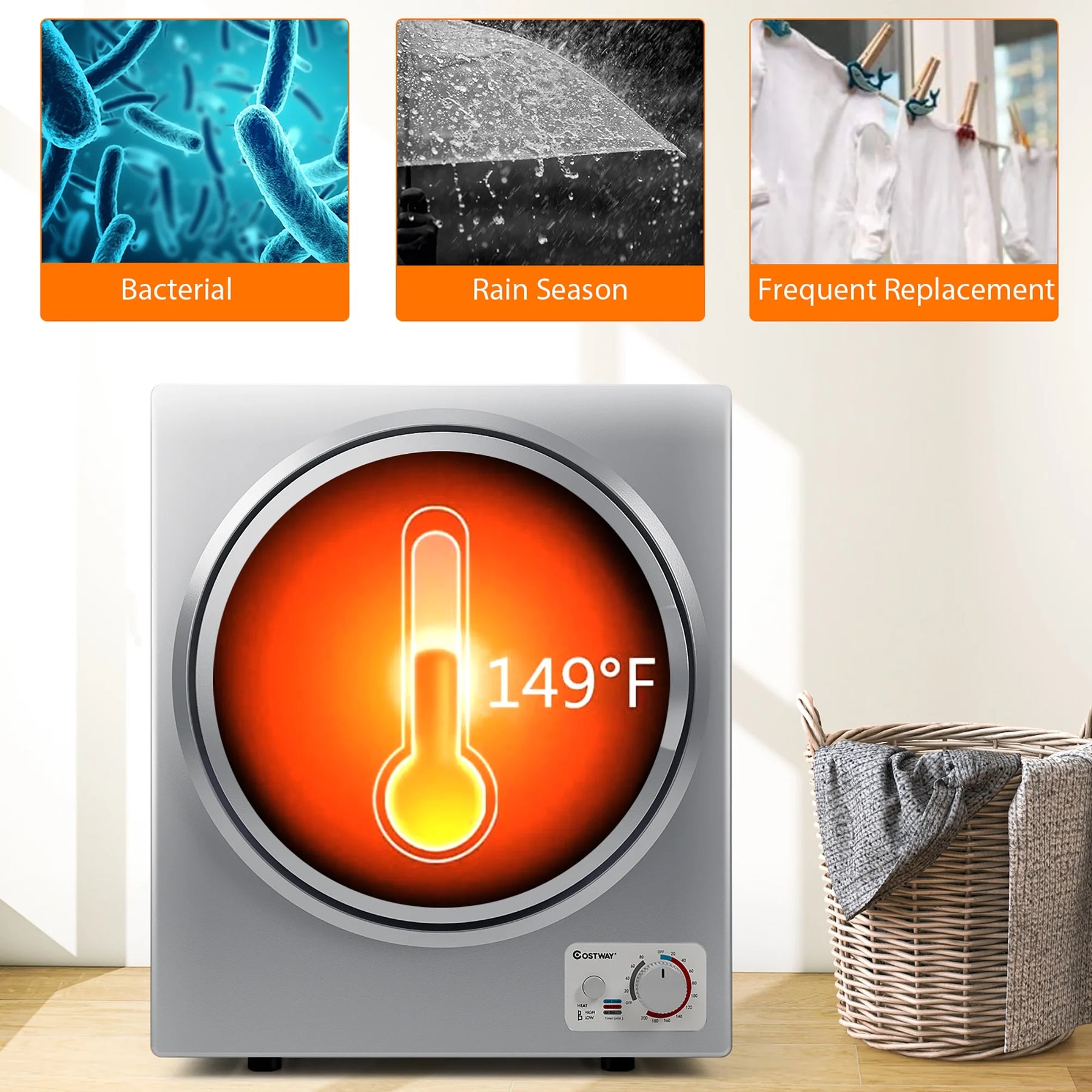 Costway Electric Tumble Compact Laundry Dryer Stainless Steel Wall Mounted 1.5 Cu .ft