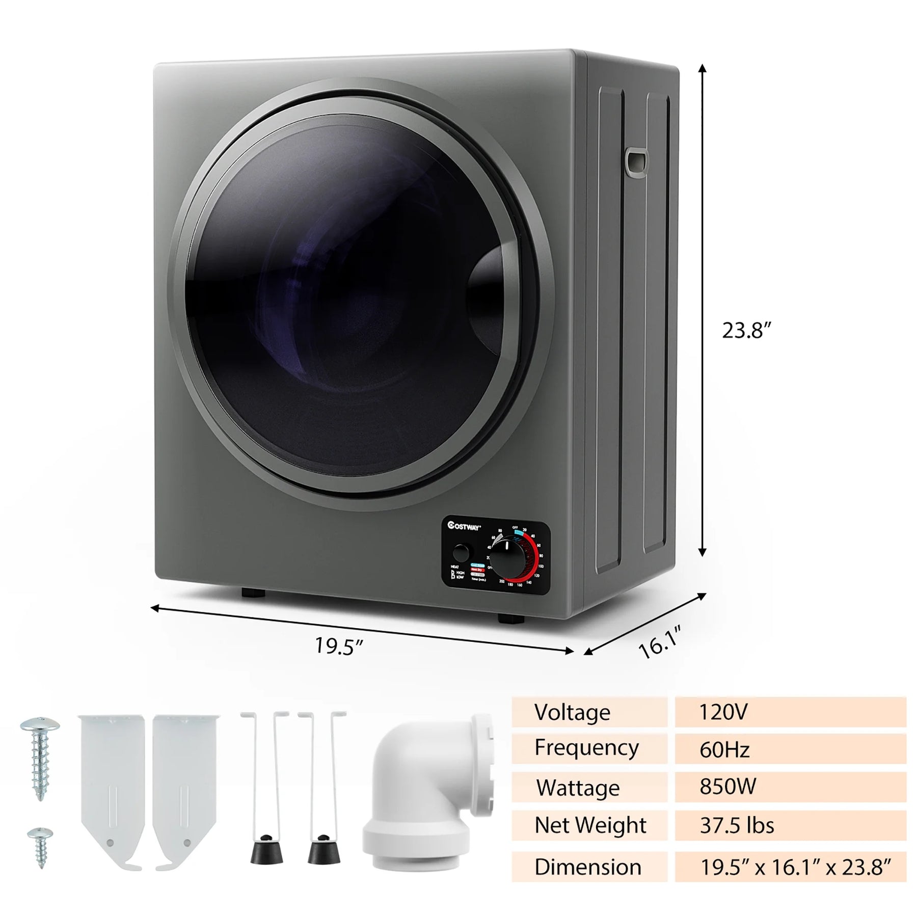 Costway Electric Tumble Compact Laundry Dryer Stainless Steel Wall Mounted 1.5 Cu .ft