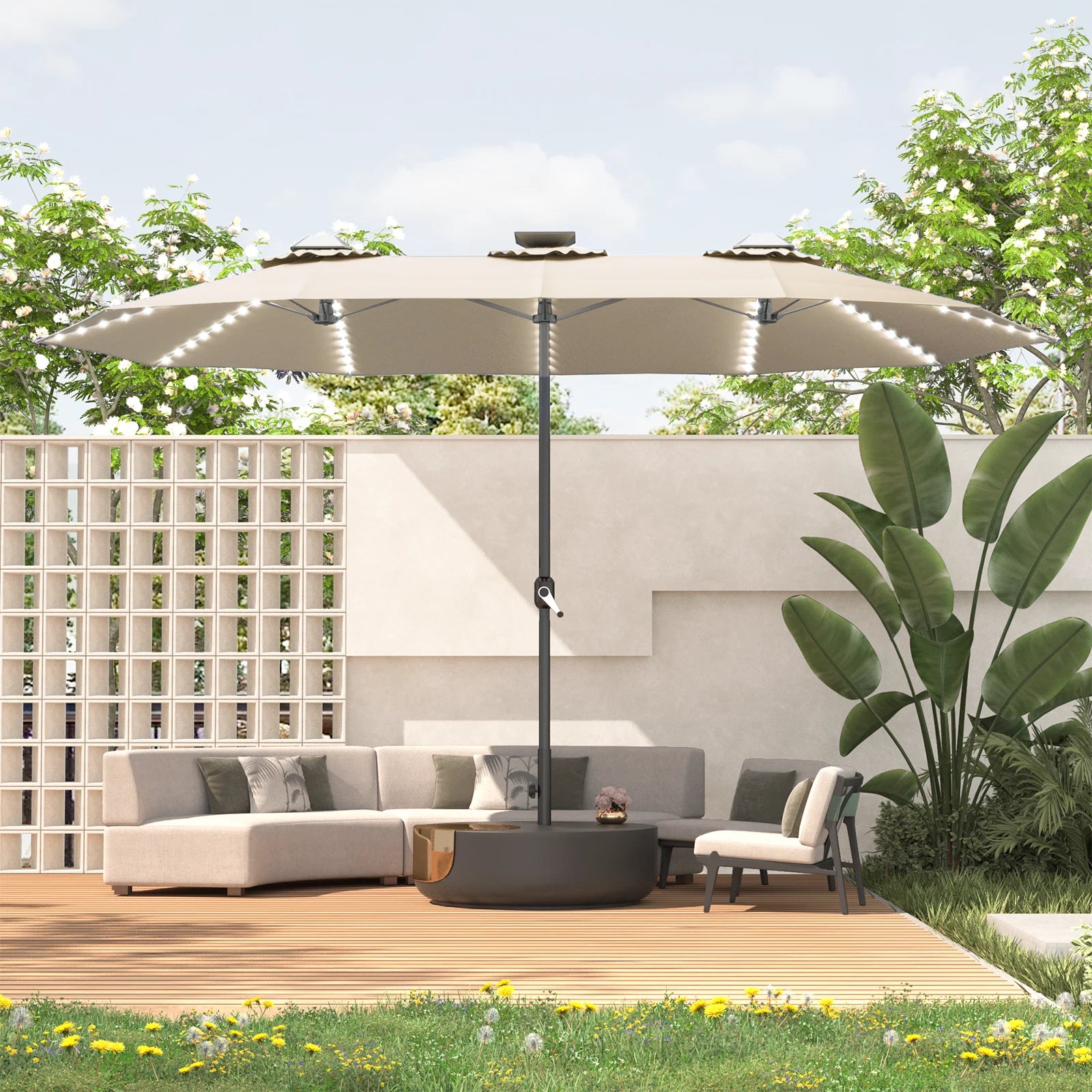 AECOJOY 15ft Patio Double-Sided Umbrella, 156 PCS Solar LED Light Outdoor Large Umbrella, Beige