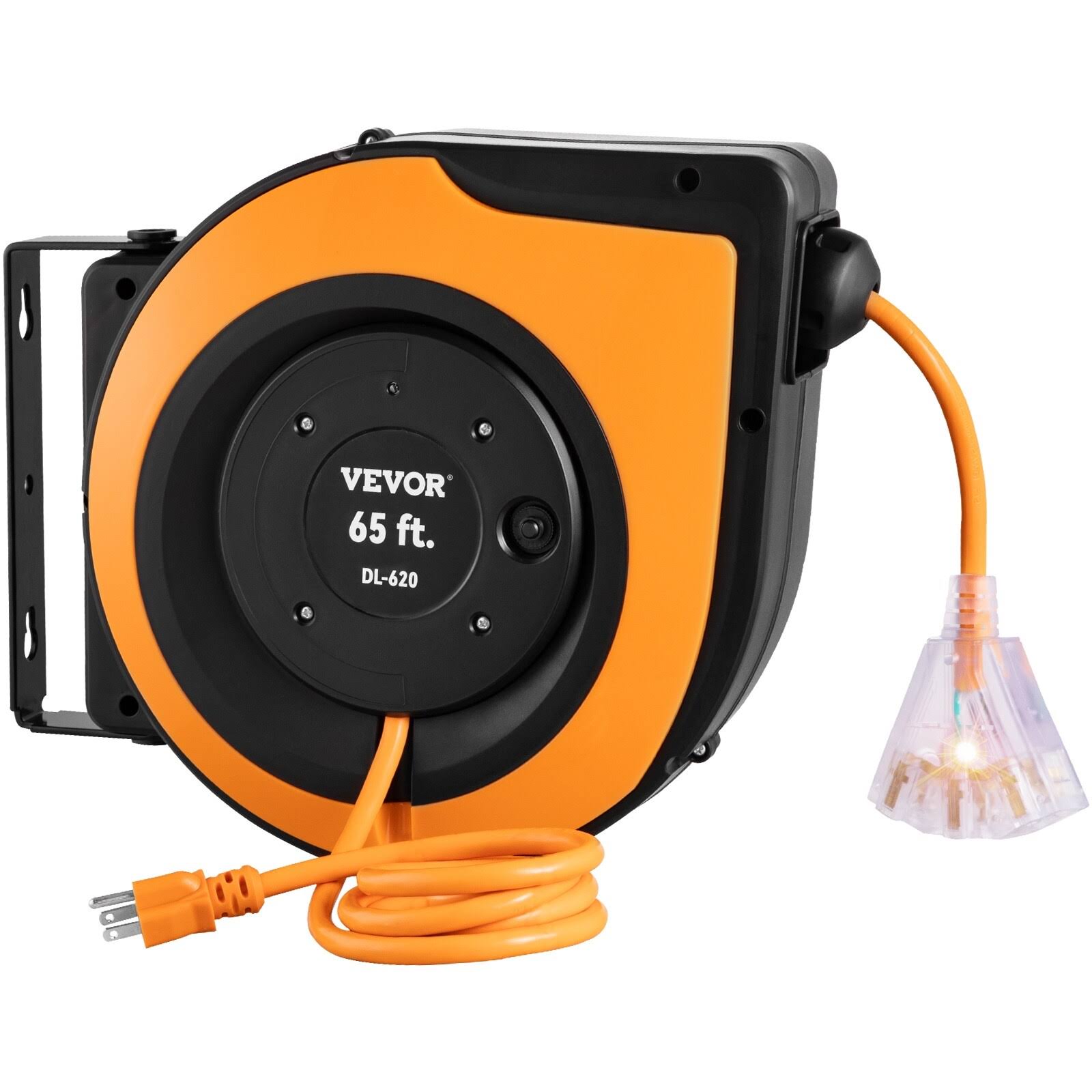 VEVOR Retractable Extension Cord Reel, 65 ft, Heavy Duty 12AWG/3C Sjtow Power Cord, with Lighted Triple Tap Outlet, 15 Amp Circuit Breaker, 180