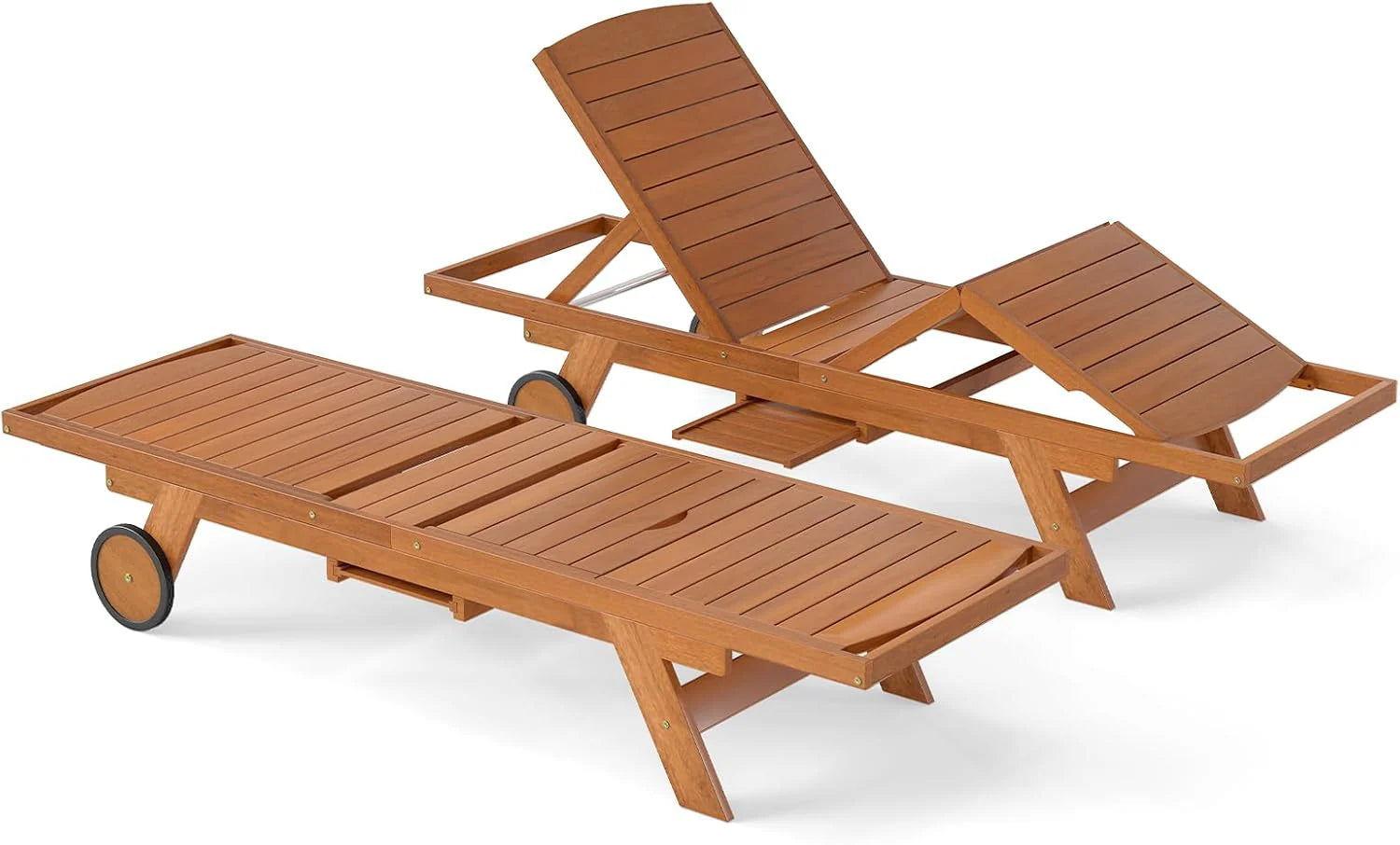 Tangkula Outdoor Chaise Lounge Chair with Wheels 4-Position Patio Wood Recliner with Adjustable Backrest