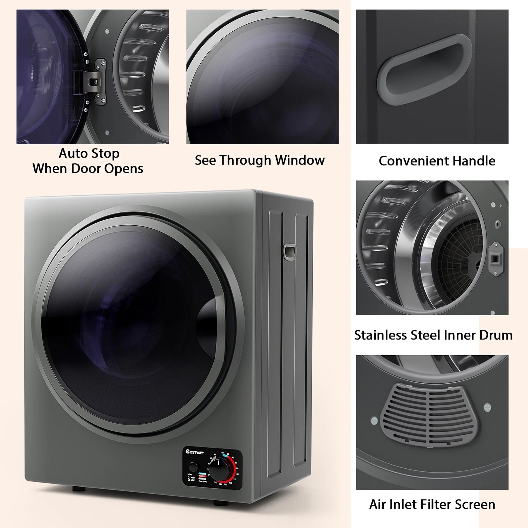 Costway Electric Tumble Compact Laundry Dryer Stainless Steel Wall Mounted 1.5 Cu .ft